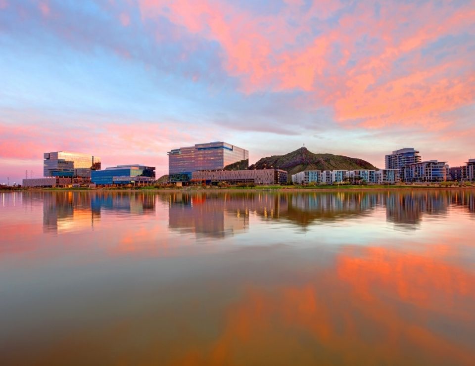 view of Tempe Arizona on the water at susnet, Living in Tempe Arizona)