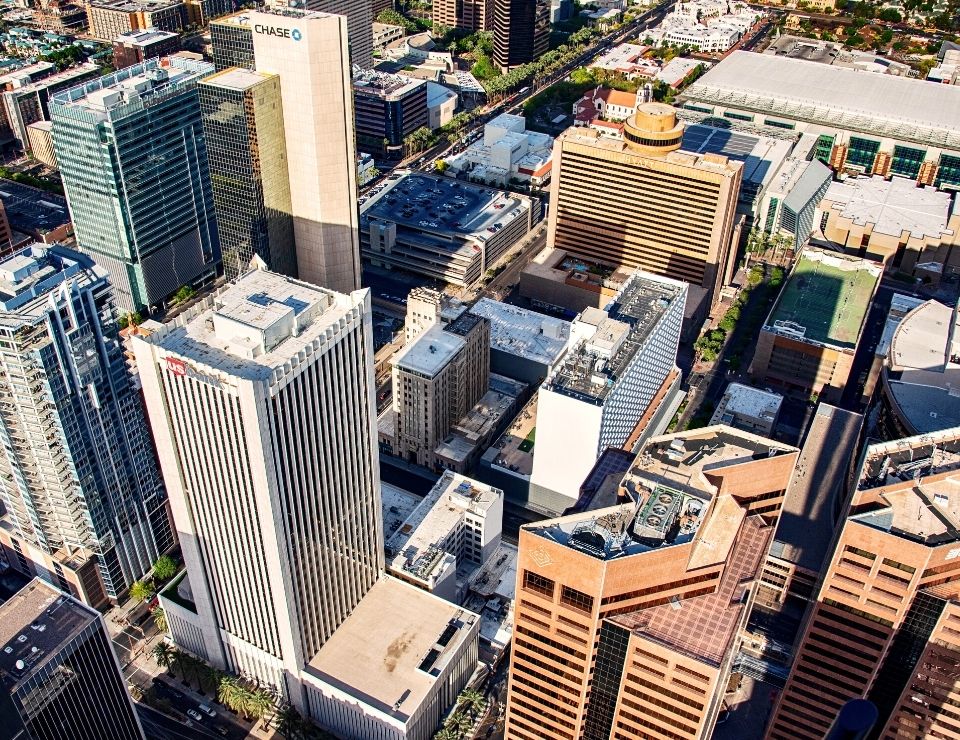 aerial shot of downtown PHX, Living in Phoenix vs Texas