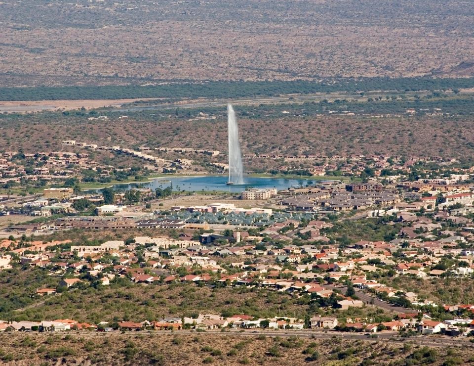 Aerial view of Fountain Hills neighborhood, top cities to live in Phoenix AZ