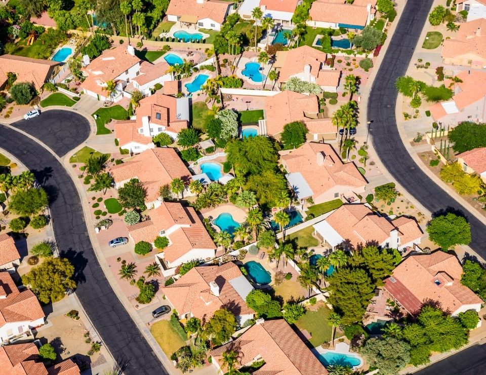 aerial of Phoeniz AZ homes with pools, 5 Pros & Cons to having a Pool in Phoenix, Arizona (1)