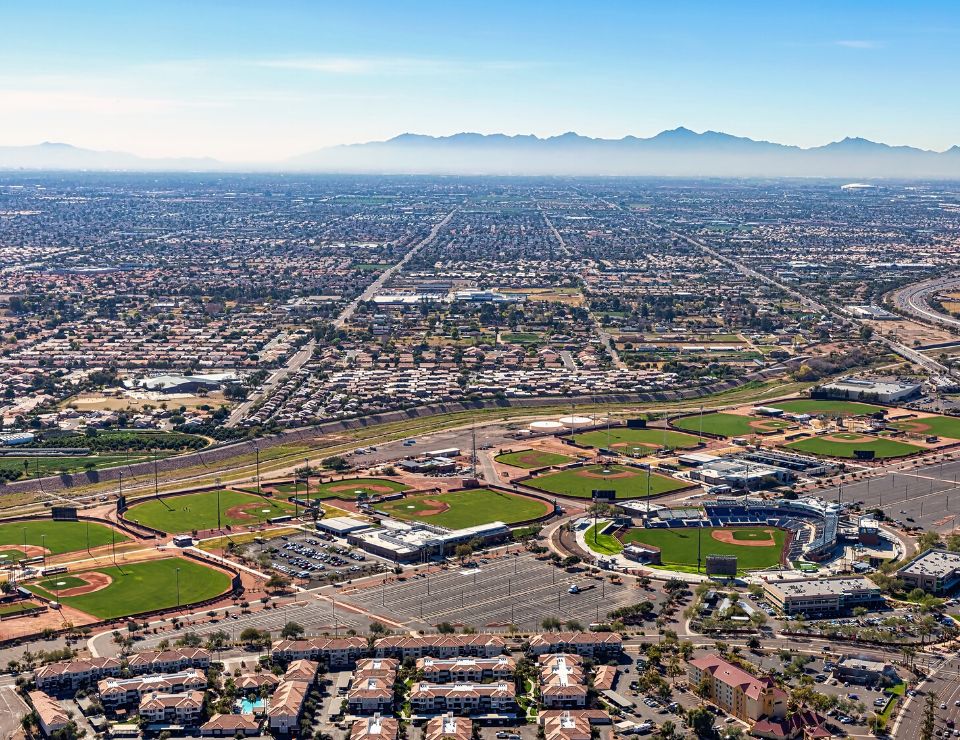 Aerial view of Peoria stadium sports complex, Tour of Peoria Arizona