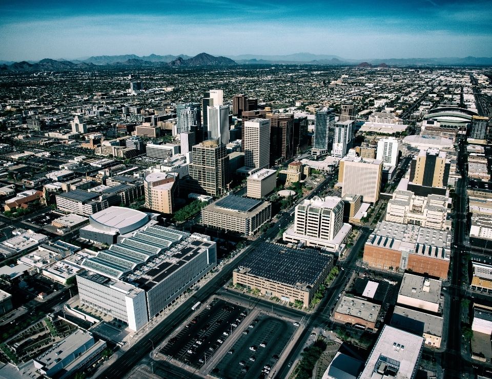 aerial view of downtown Phoenix AZ, Is it safe to live in Downtown Phoenix AZ