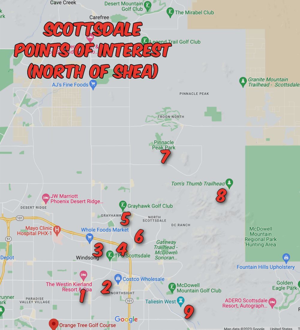 Scottsdale North of Shea blvd Neighborhood tour map of things to see