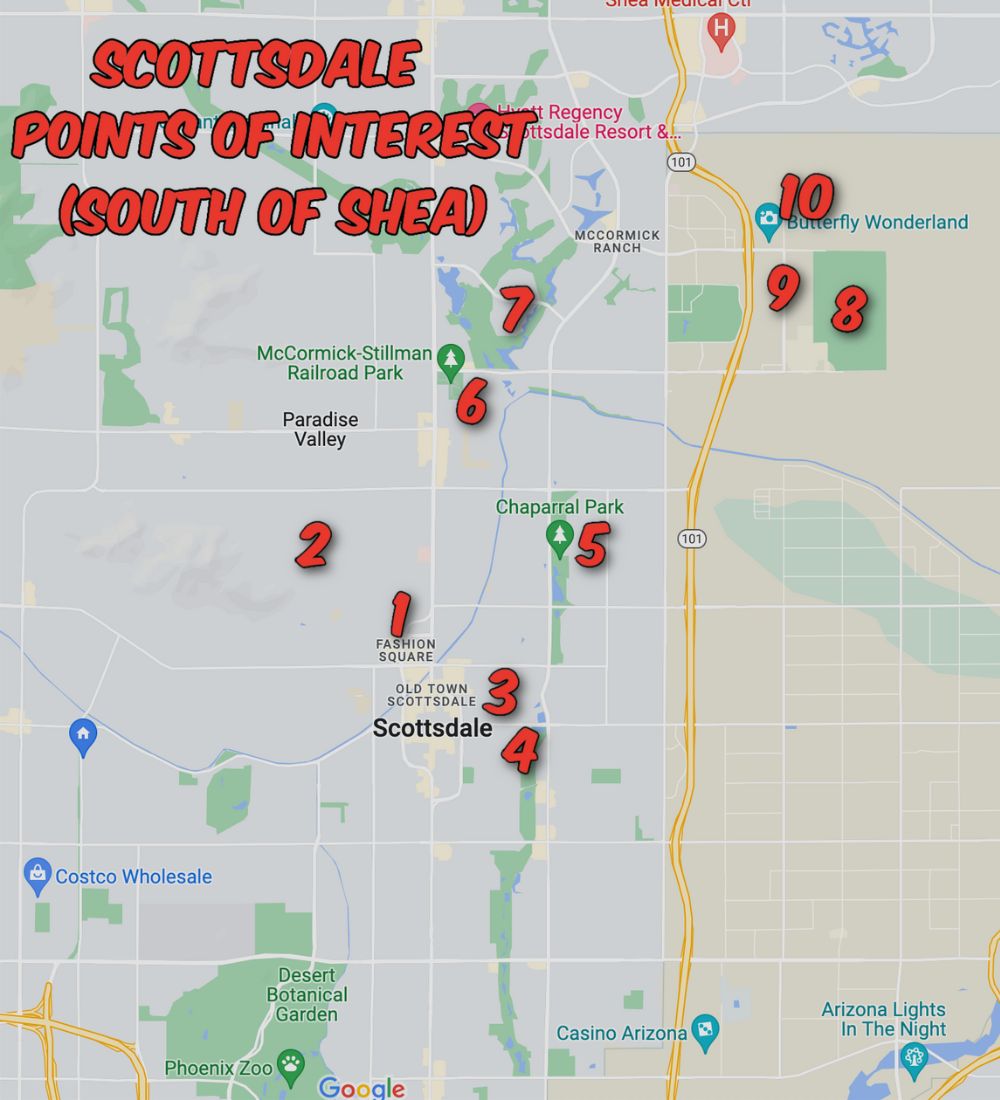 Scottsdale South of Shea blvd Neighborhood tour map of things to see